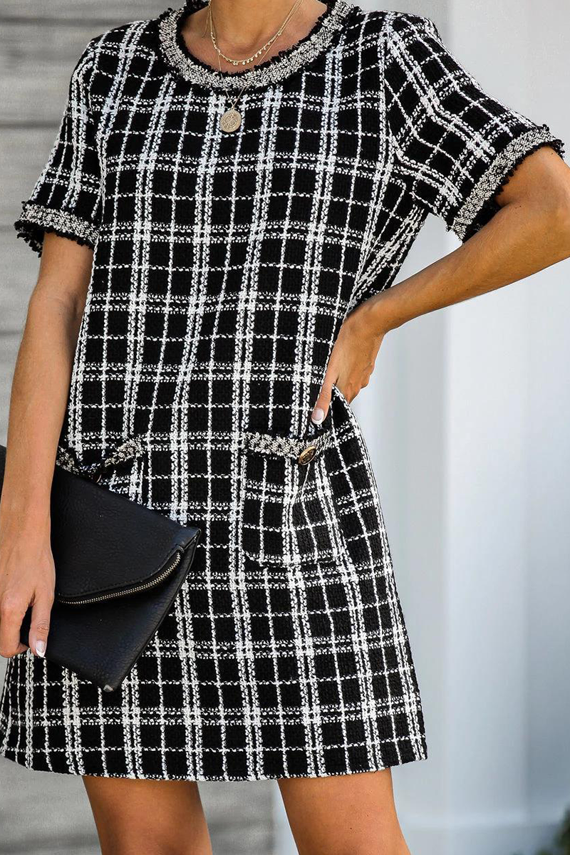 Casual Plaid Split Joint O Neck Straight Dresses - Fashionpara