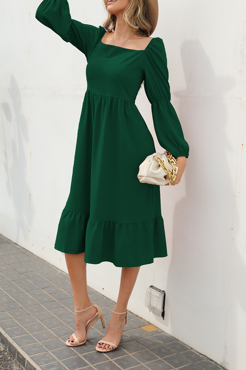 Casual Solid Split Joint Square Collar Waist Skirt Dresses - Fashionpara