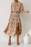 Floral Shirred Waist Slit Midi Dress