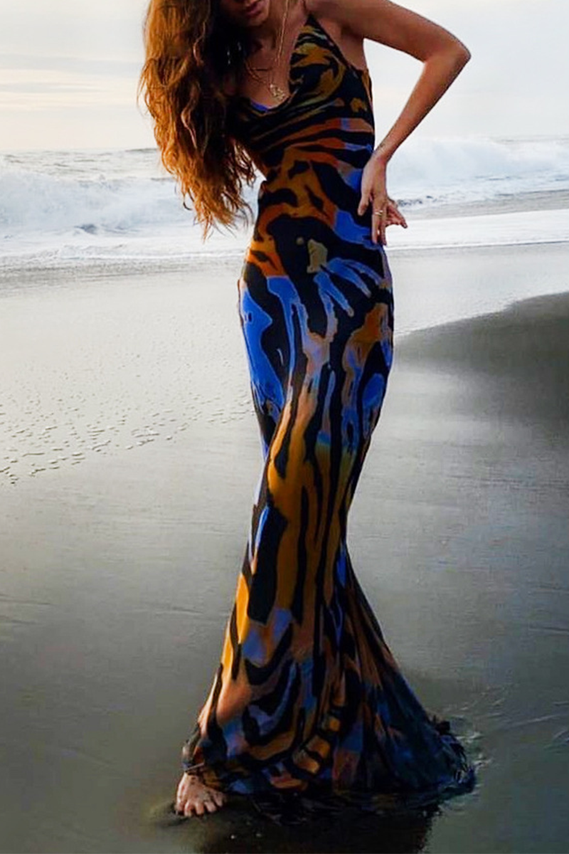 Sexy Print Patchwork Spaghetti Strap Pencil Skirt Dresses - Fashionpara