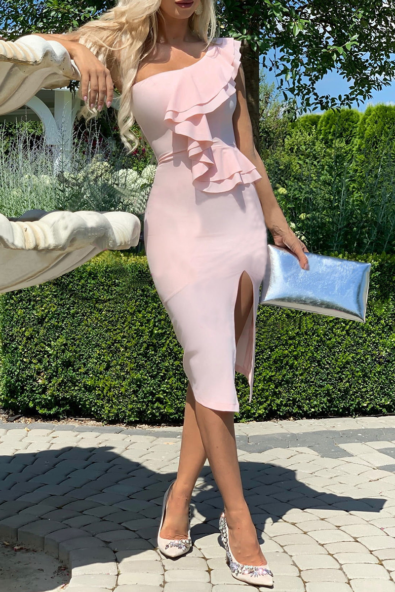 Casual Solid Flounce One Shoulder Pencil Skirt Dresses(3 colors) - Fashionpara