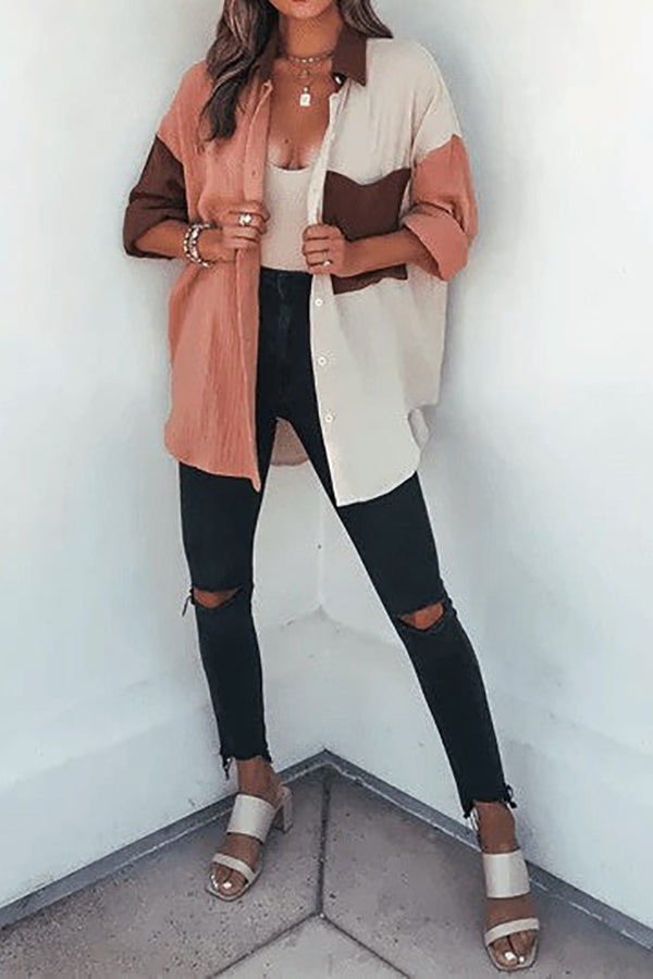 Color Block Textured Button Shirt with Pocket - Fashionpara