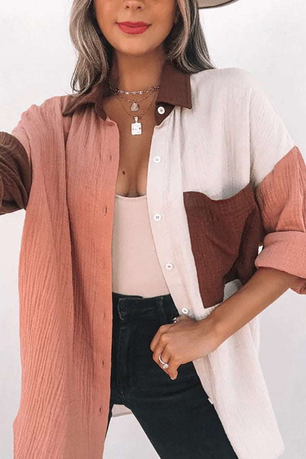 Color Block Textured Button Shirt with Pocket - Fashionpara