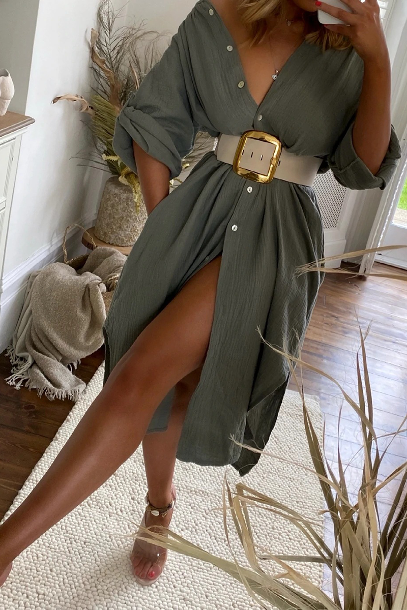 Belted Long Sleeve Maxi Shirtdress - Fashionpara