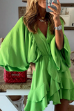 Ruffle Bat Sleeve V Neck Button Mini Dress