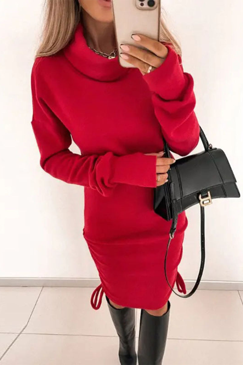 Turtleneck Drawstring Bodycon Dress - Fashiondia