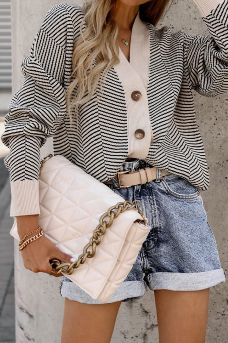 Casual Striped Patchwork Buttons V Neck Tops - Fashionpara