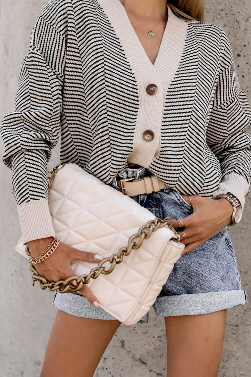Casual Striped Patchwork Buttons V Neck Tops - Fashionpara