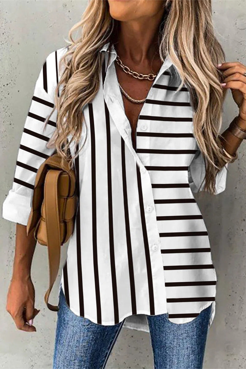 Elegant Striped Buttons Shirt Collar Tops - Fashionpara