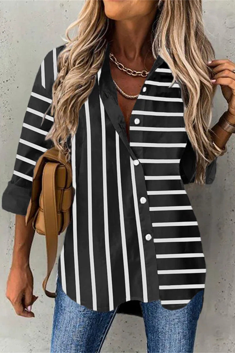 Elegant Striped Buttons Shirt Collar Tops - Fashionpara
