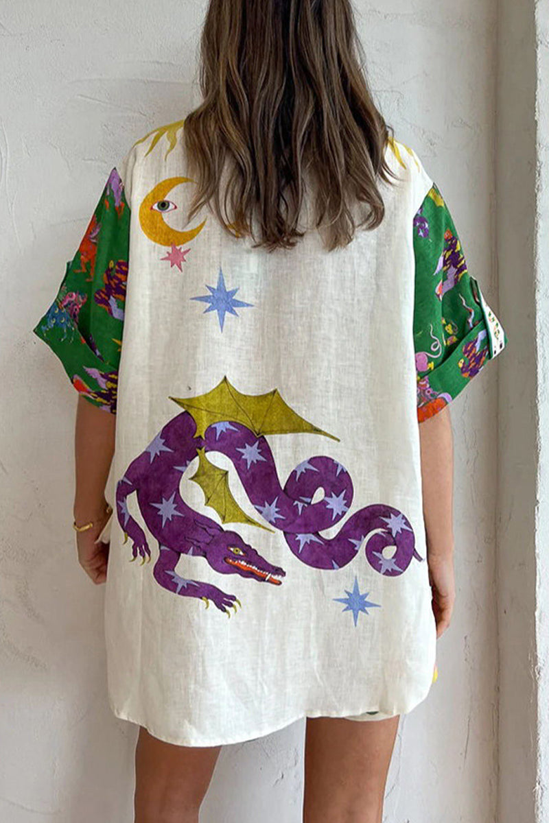 Casual Print Patchwork Turndown Collar Short Sleeve Two Pieces - Fashionpara