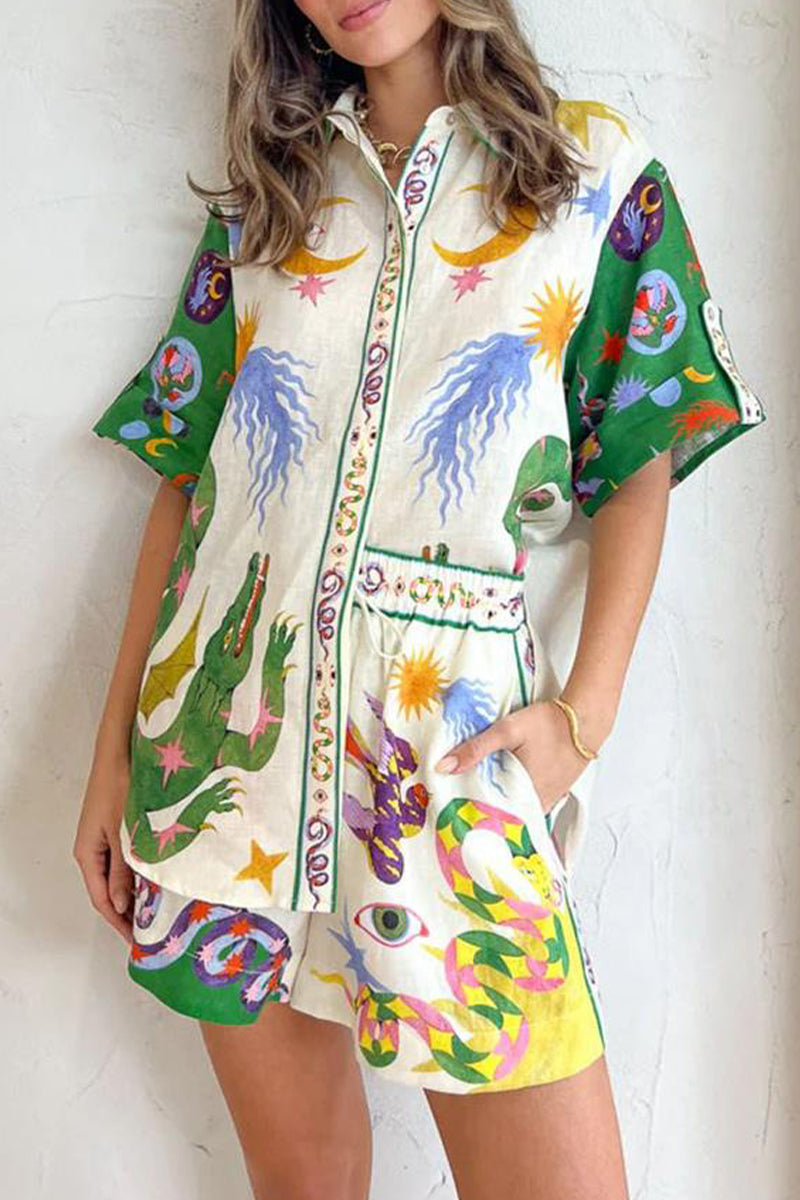 Casual Print Patchwork Turndown Collar Short Sleeve Two Pieces - Fashionpara