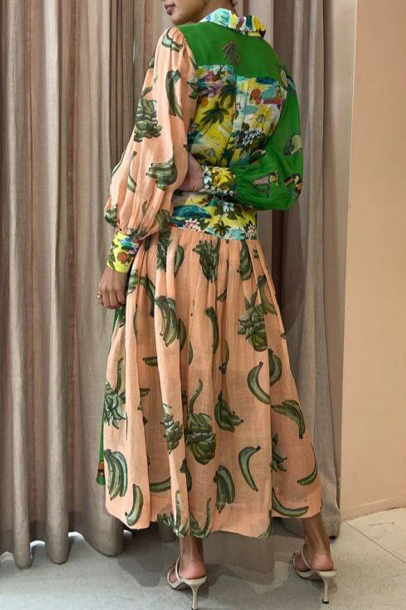 Elegant College Print Buckle Turndown Collar Waist Skirt Dresses - Fashionpara