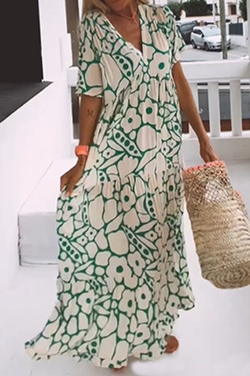 Elegant Geometric Printing V Neck A Line Dresses - Fashionpara