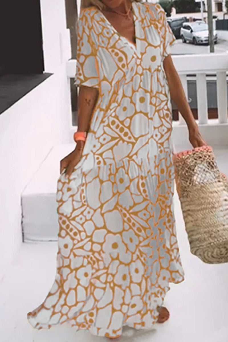 Elegant Geometric Printing V Neck A Line Dresses - Fashionpara