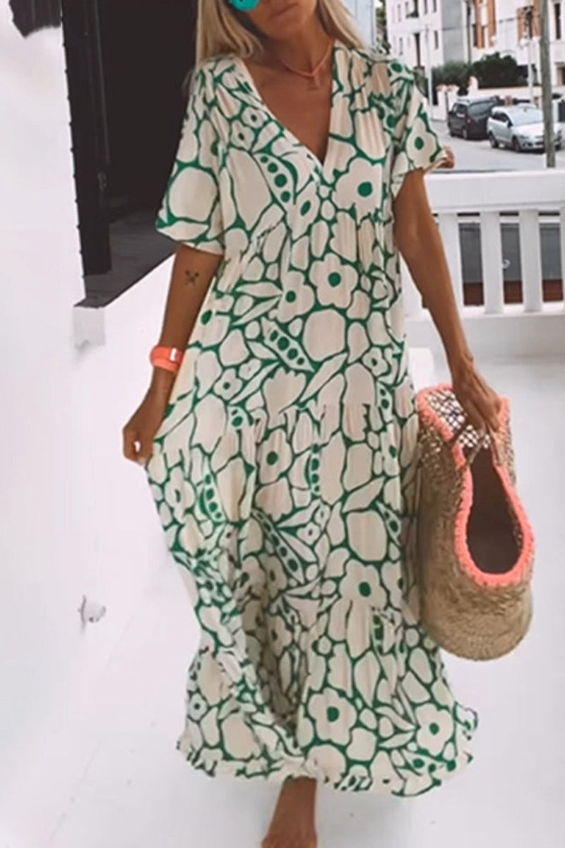 Elegant Geometric Printing V Neck A Line Dresses - Fashionpara