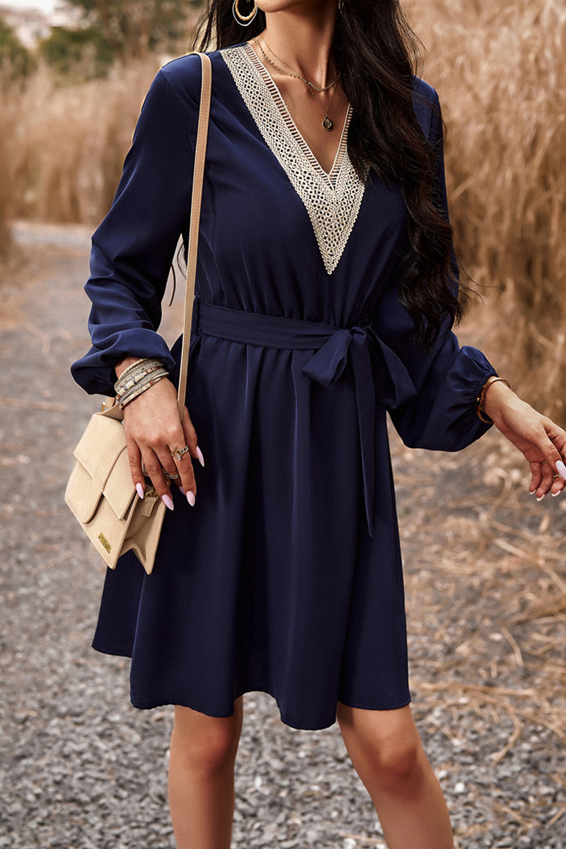 Elegant Solid Lace Bandage V Neck A Line Dresses(5 Colors) - Fashionpara