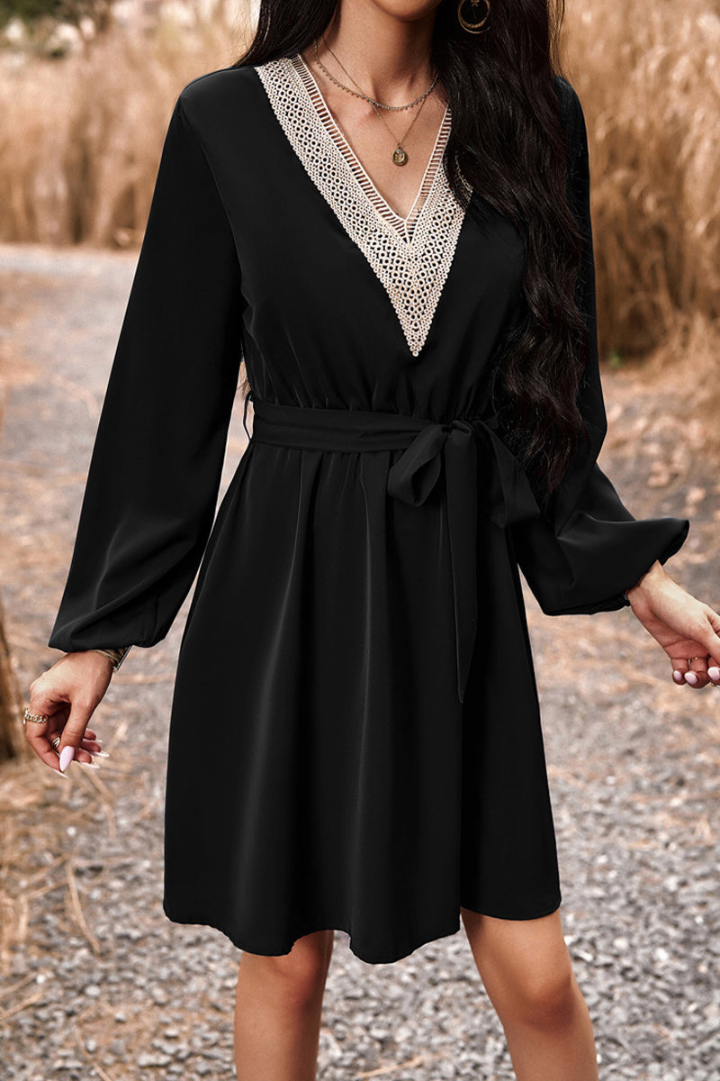 Elegant Solid Lace Bandage V Neck A Line Dresses(5 Colors) - Fashionpara