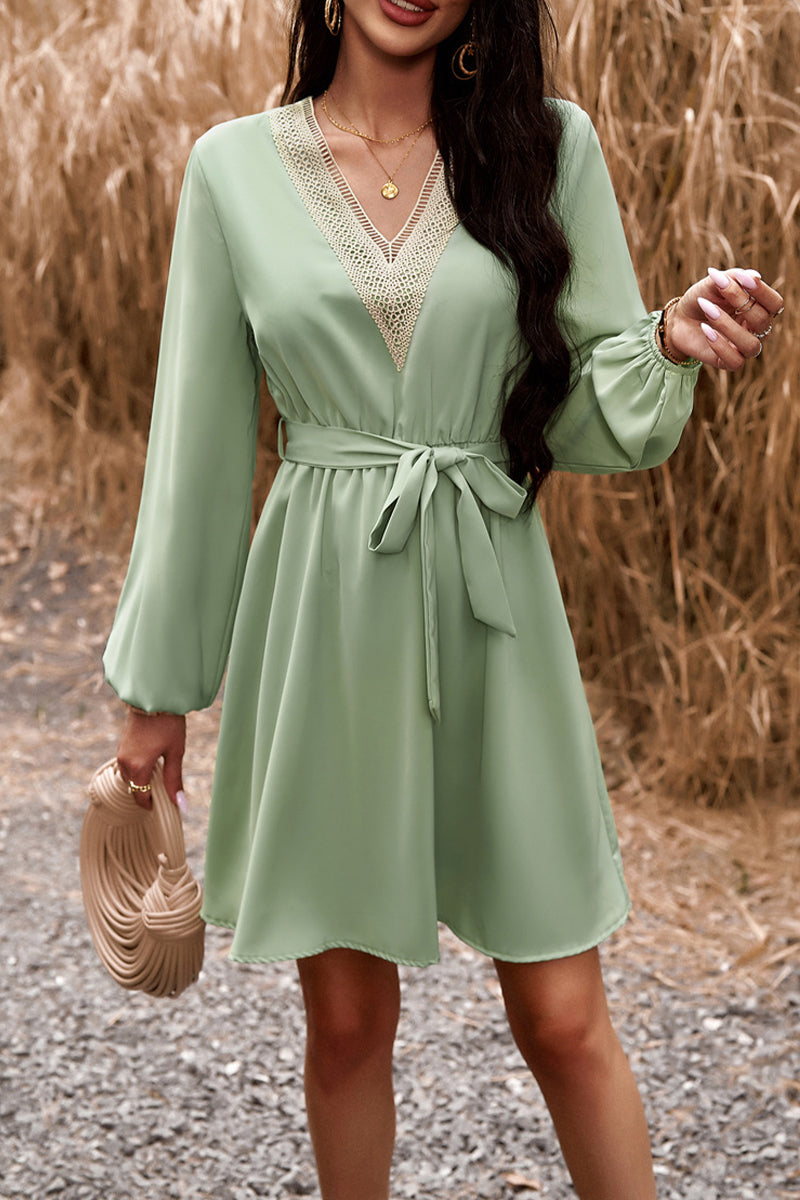 Elegant Solid Lace Bandage V Neck A Line Dresses(5 Colors) - Fashionpara