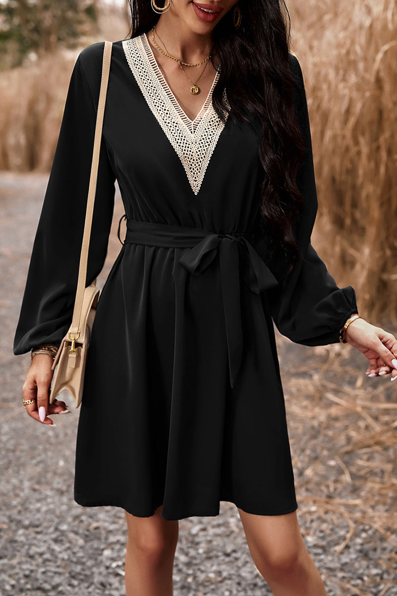 Elegant Solid Lace Bandage V Neck A Line Dresses(5 Colors) - Fashionpara