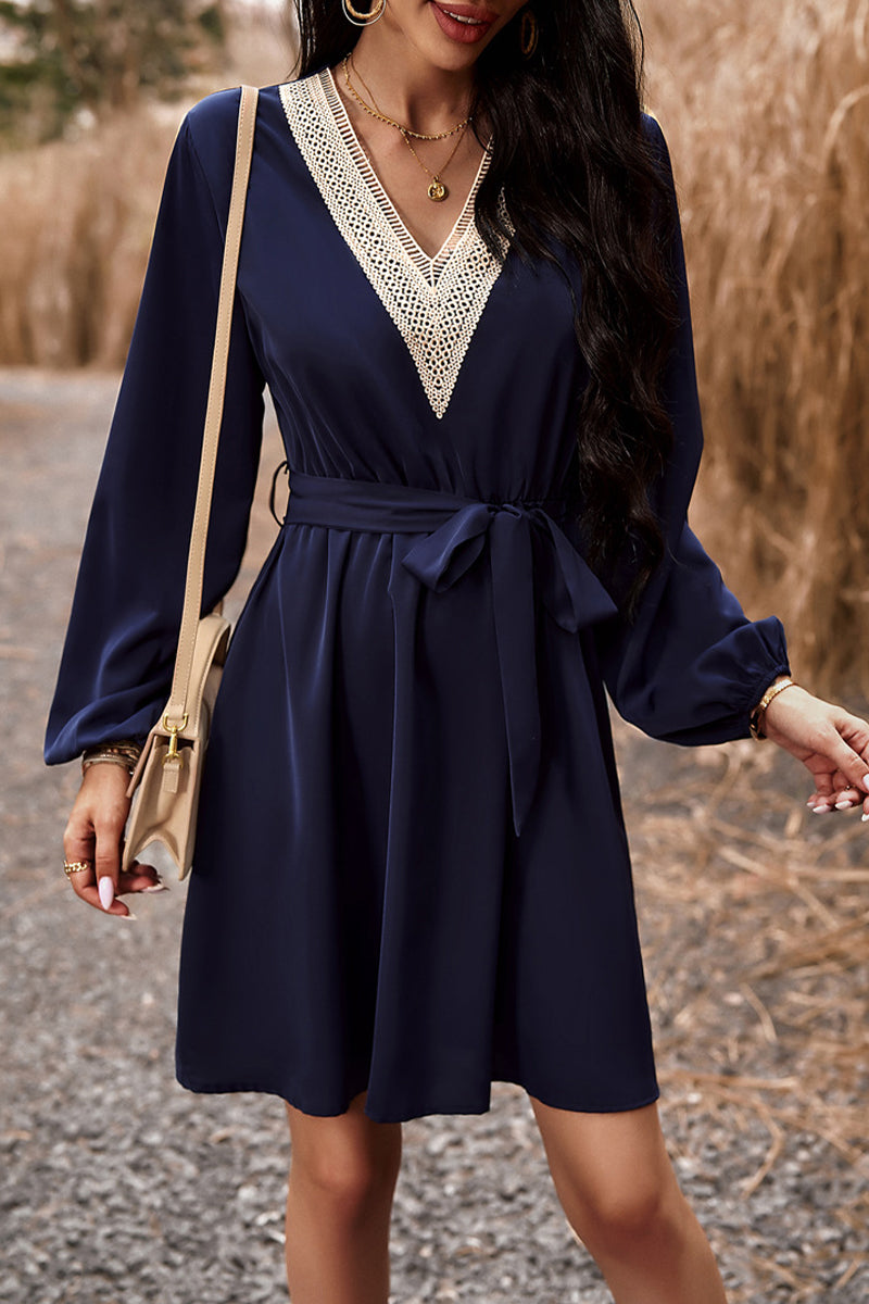 Elegant Solid Lace Bandage V Neck A Line Dresses(5 Colors) - Fashionpara