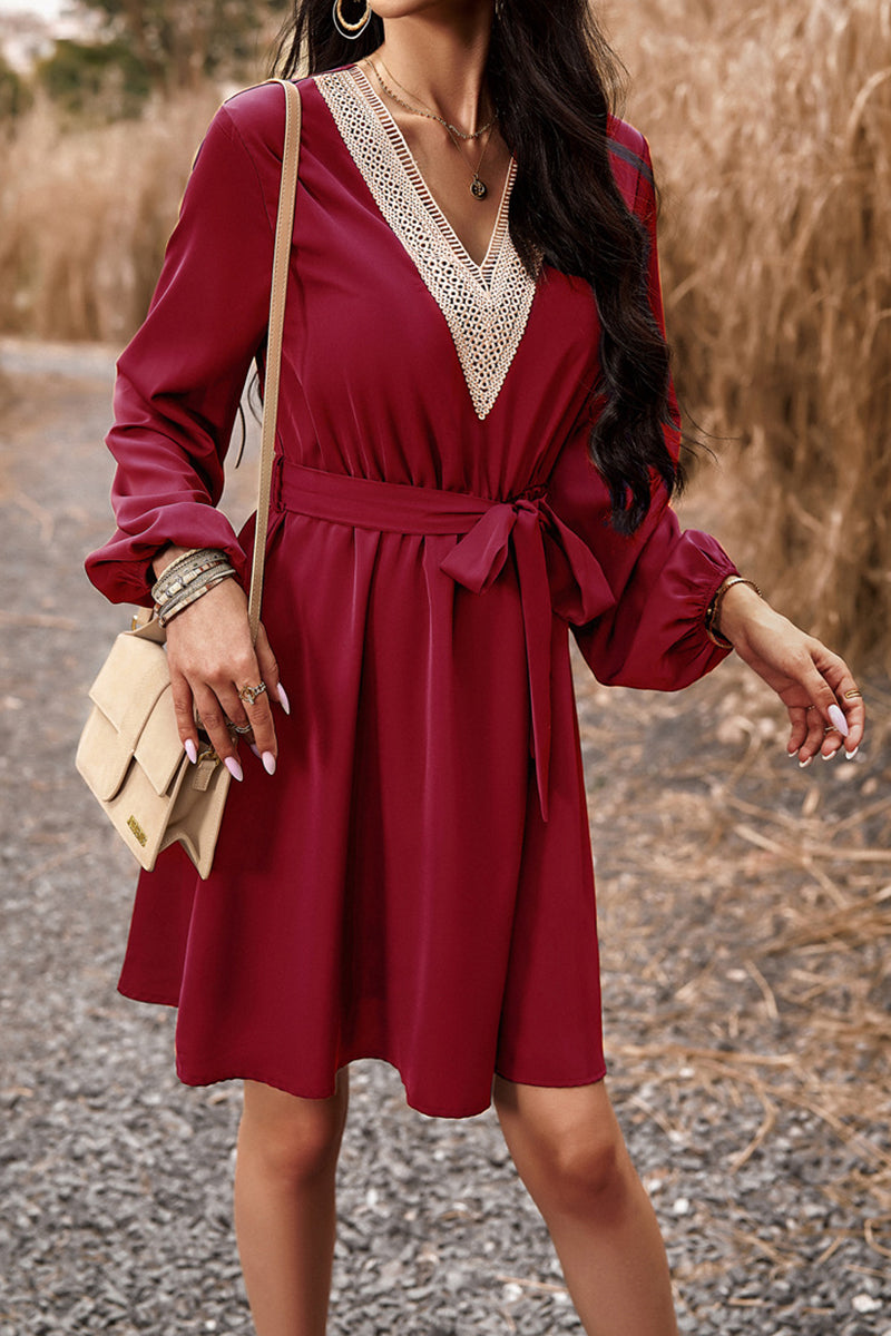 Elegant Solid Lace Bandage V Neck A Line Dresses(5 Colors) - Fashionpara