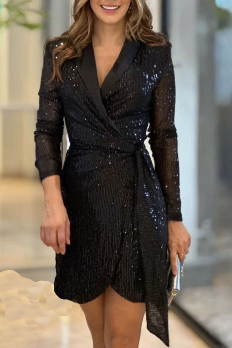Sexy Solid Sequined V Neck Wrapped Skirt Dresses - Fashionpara
