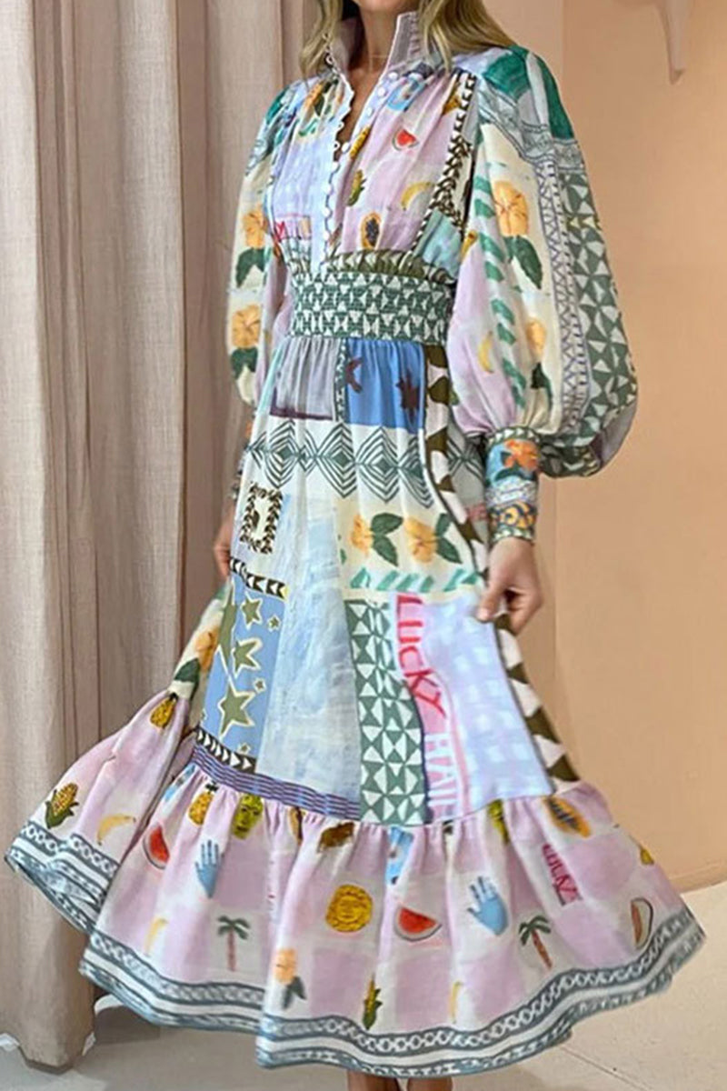 Elegant Print Patchwork Turndown Collar A Line Dresses - Fashionpara