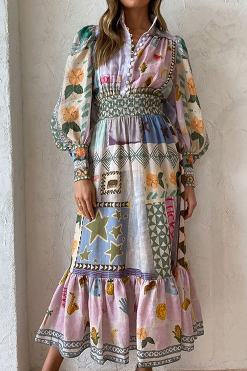 Elegant Print Patchwork Turndown Collar A Line Dresses - Fashionpara