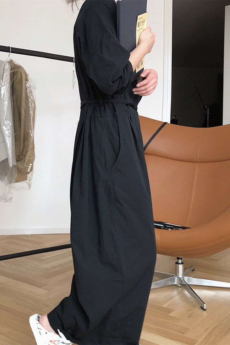 Casual College Solid Frenulum V Neck Loose Jumpsuits - Fashionpara