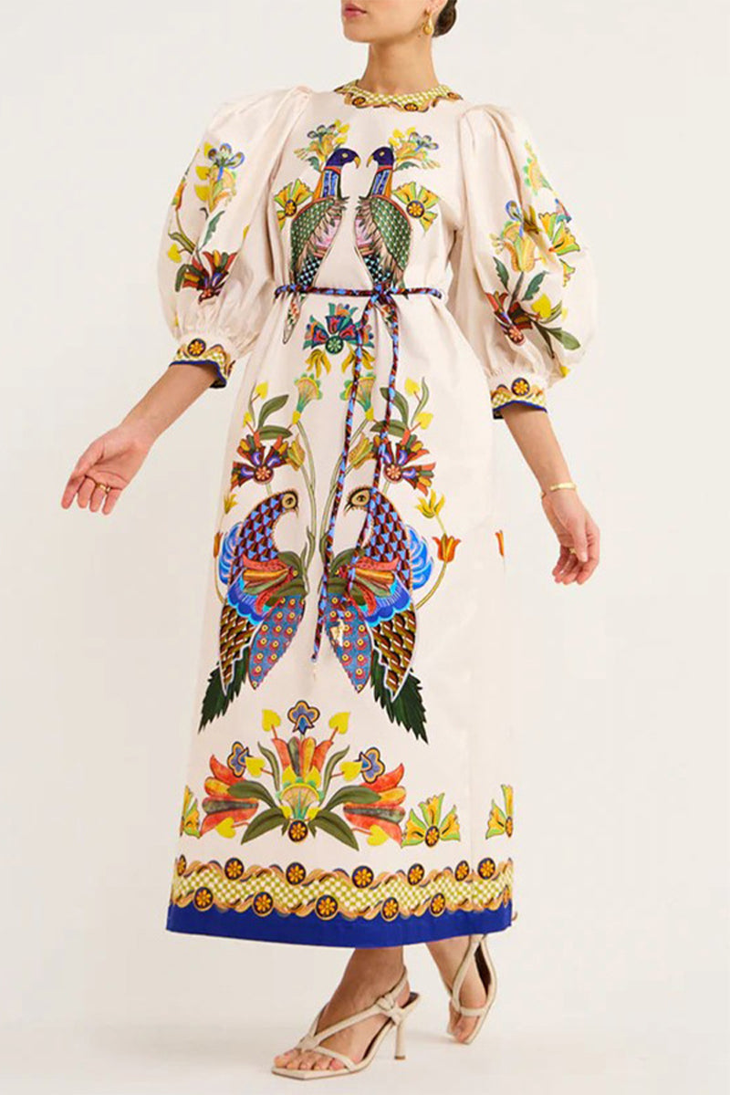 Casual Bohemian Print Patchwork O Neck One Step Skirt Dresses - Fashionpara