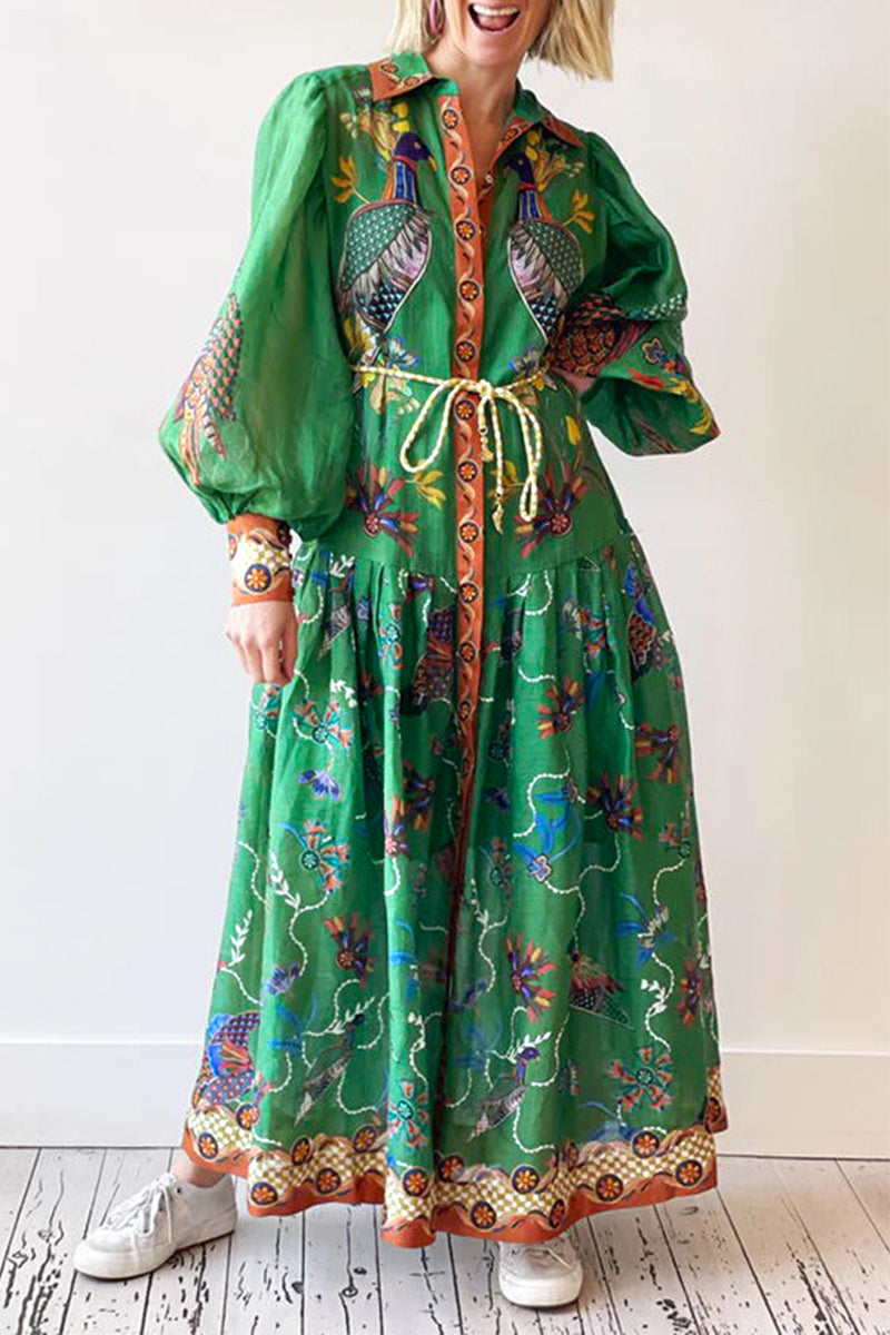 Bohemian College Animal Printing Turndown Collar Printed Dress Dresses - Fashionpara
