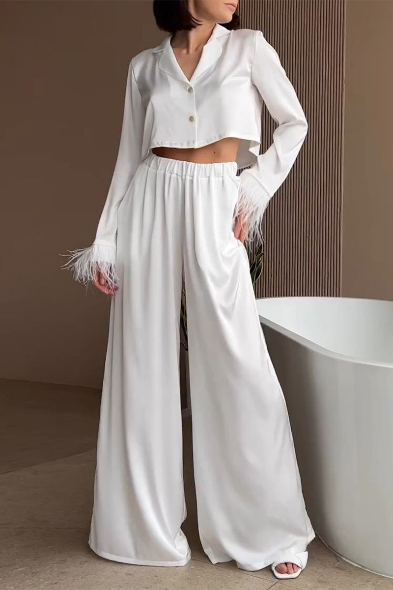 Elegant Solid Buttons Feathers Turn-back Collar Long Sleeve Two Pieces - Fashionpara