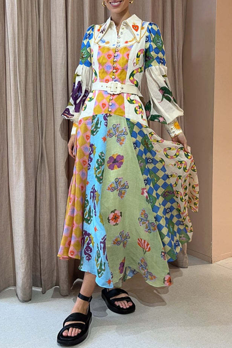 Bohemian Elegant Geometric Print With Belt Contrast Turndown Collar Irregular Dress Dresses - Fashionpara