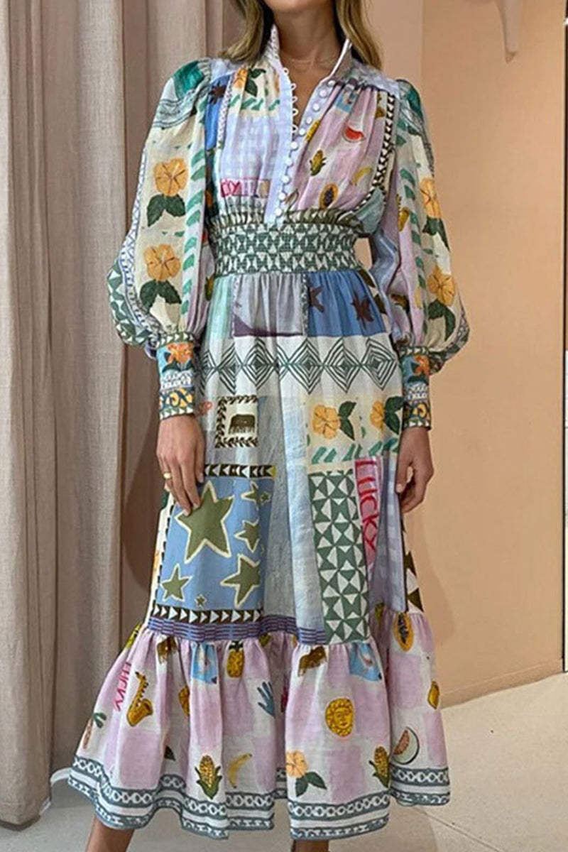 Elegant Print Patchwork Turndown Collar Printed Dress Dresses - Fashionpara
