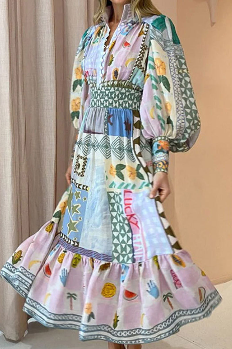 Elegant Print Patchwork Turndown Collar Printed Dress Dresses - Fashionpara