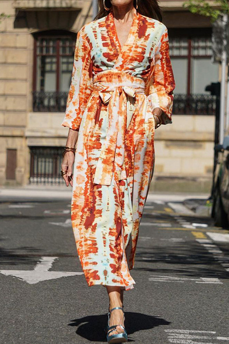 Casual Print Pocket Slit V Neck A Line Dresses - Fashionpara