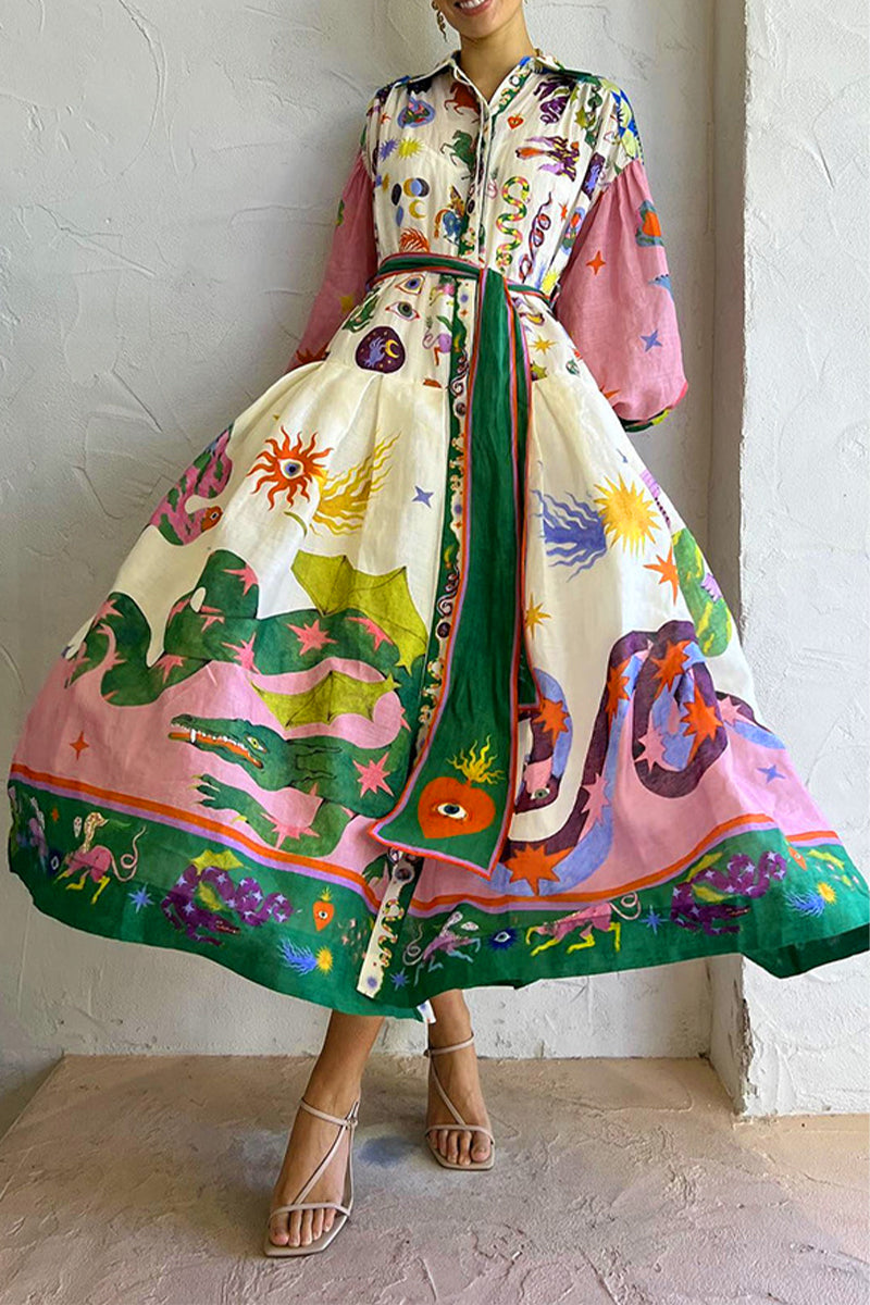 Elegant College Print Bandage Turndown Collar Printed Dress Dresses - Fashionpara