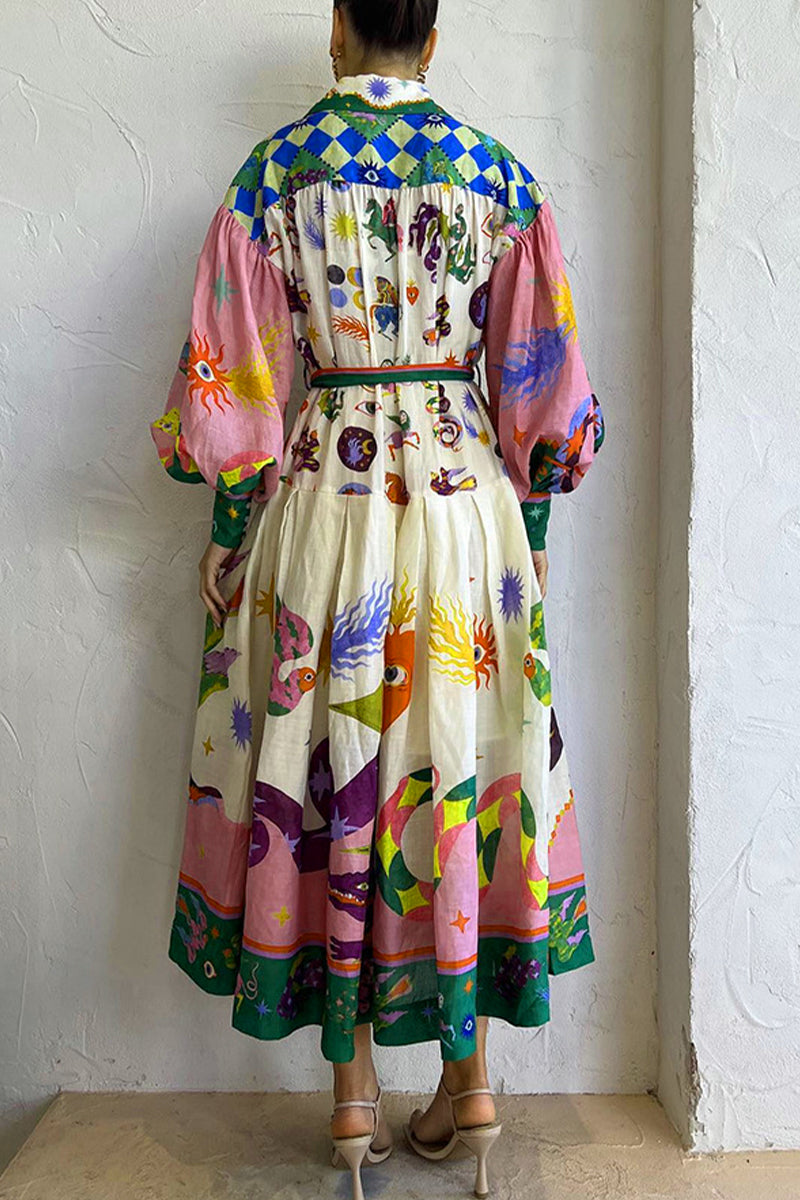 Elegant College Print Bandage Turndown Collar Printed Dress Dresses - Fashionpara