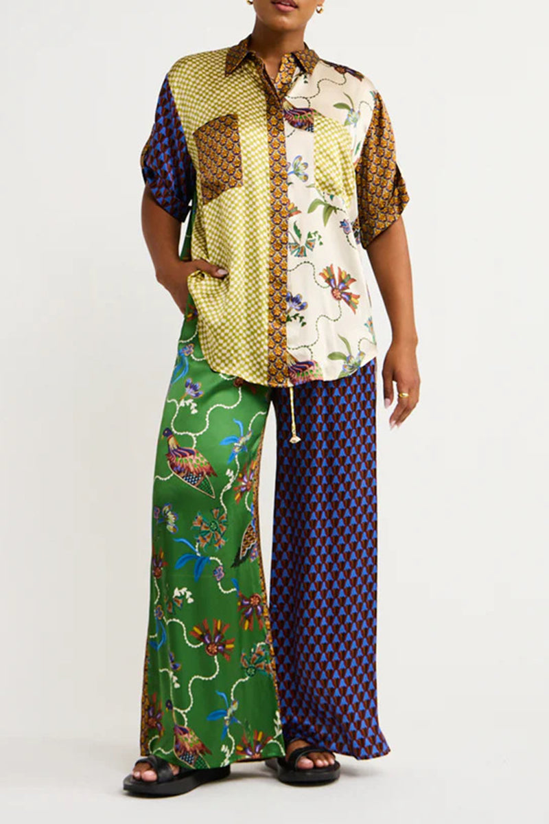 Casual College Print Patchwork Turndown Collar Short Sleeve Two Pieces - Fashionpara