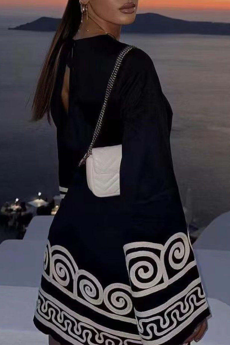 Elegant College Embroidery Patchwork O Neck Long Sleeve Dresses - Fashionpara