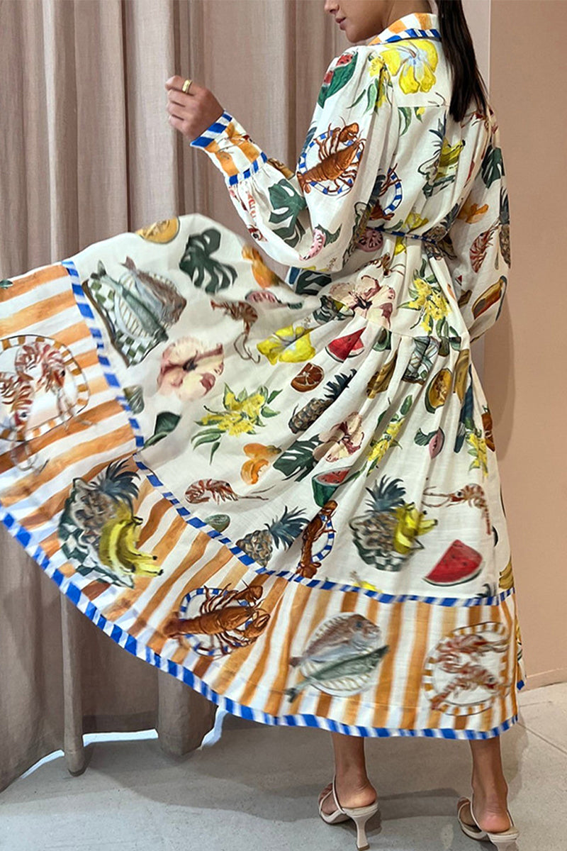 Casual Sweet Print Frenulum Buckle Shirt Collar A Line Dresses - Fashionpara