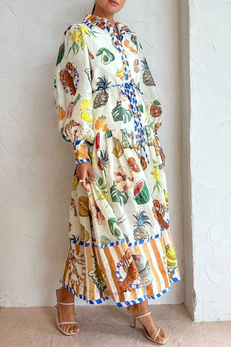 Casual Sweet Print Frenulum Buckle Shirt Collar A Line Dresses - Fashionpara