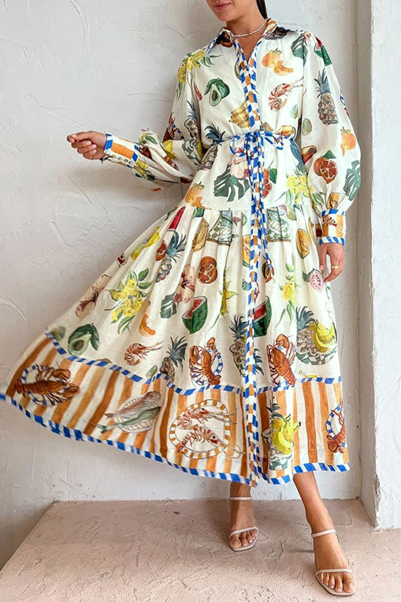 Casual Sweet Print Frenulum Buckle Shirt Collar A Line Dresses - Fashionpara