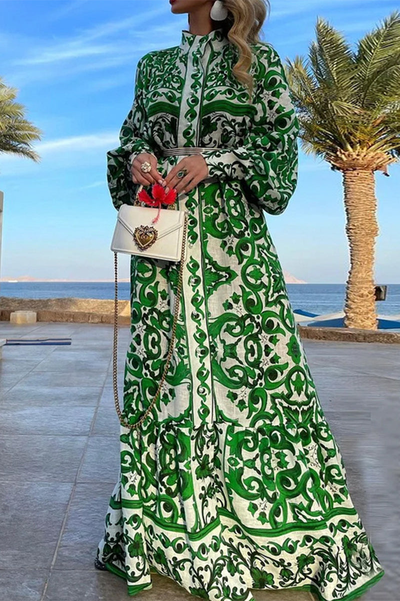 Casual Geometric Printing Mandarin Collar Printed Dress Dresses - Fashionpara