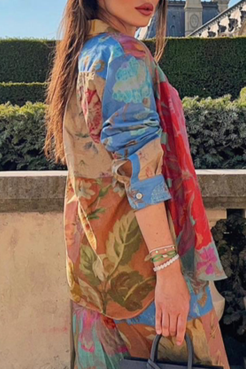 Casual College Print Contrast Turndown Collar Tops - Fashionpara