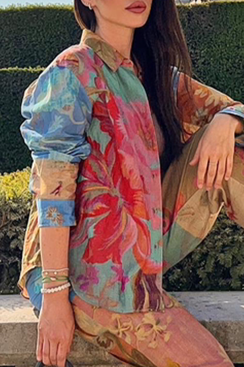 Casual College Print Contrast Turndown Collar Tops - Fashionpara