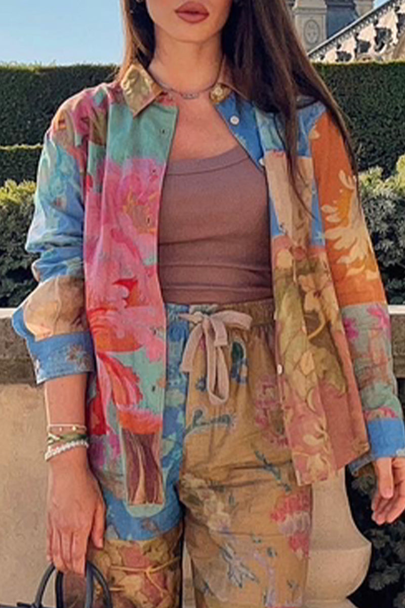 Casual College Print Contrast Turndown Collar Tops - Fashionpara