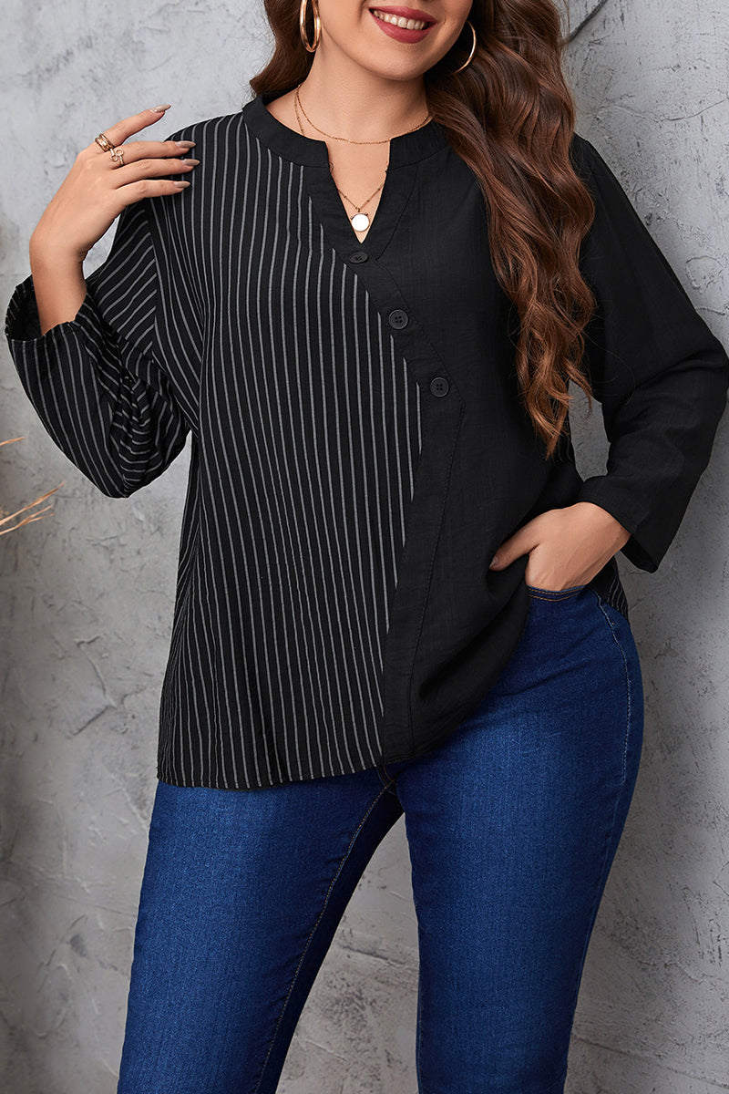 Casual Striped Patchwork O Neck Plus Size Tops - Fashionpara