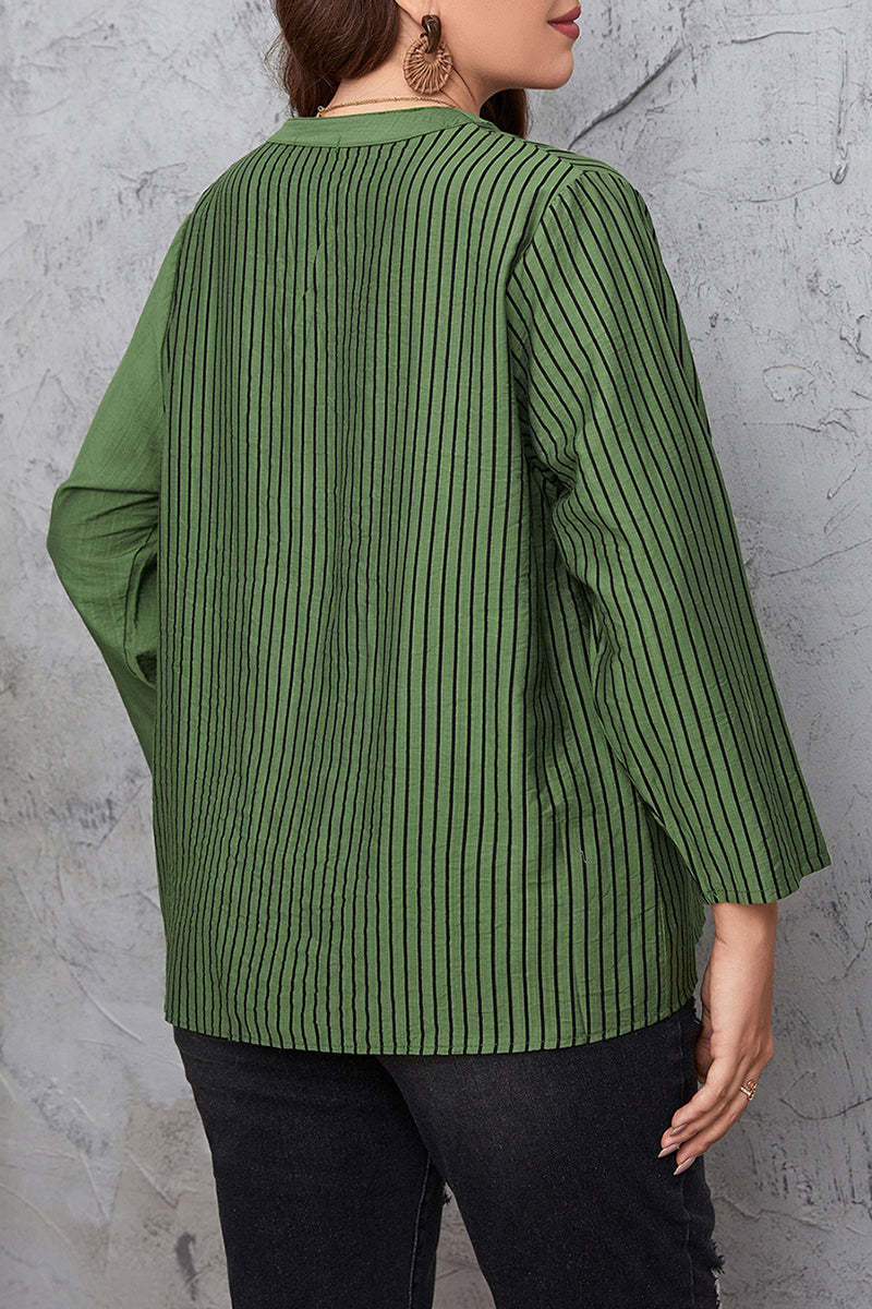 Casual Striped Patchwork O Neck Plus Size Tops - Fashionpara